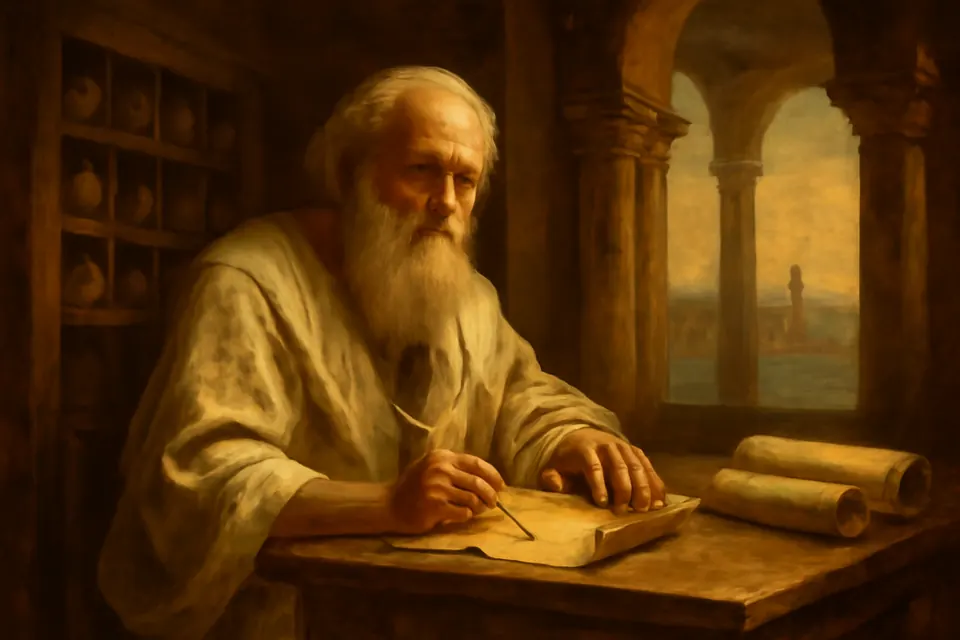 Oil-painting-style scene of an elderly Greek teacher in a white cloak writing on a scroll in a sunlit colonnaded room, with a harbor beyond
