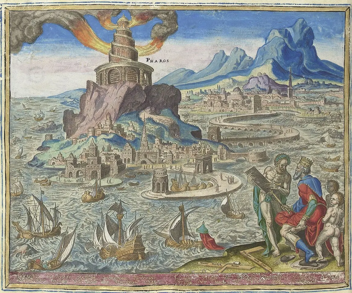 Hand-colored 16th-century engraving of the great lighthouse of Alexandria on a rocky island, with the city, ships and a group of figures in the foreground