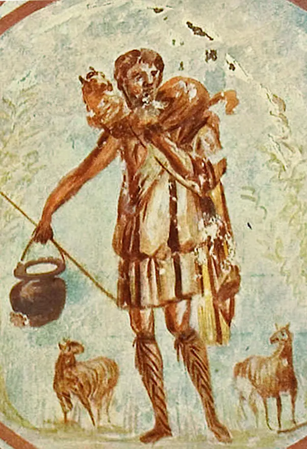 Early Christian wall painting of a young shepherd in a short tunic carrying a lamb on his shoulders and a pail in his hand, with two sheep at his feet