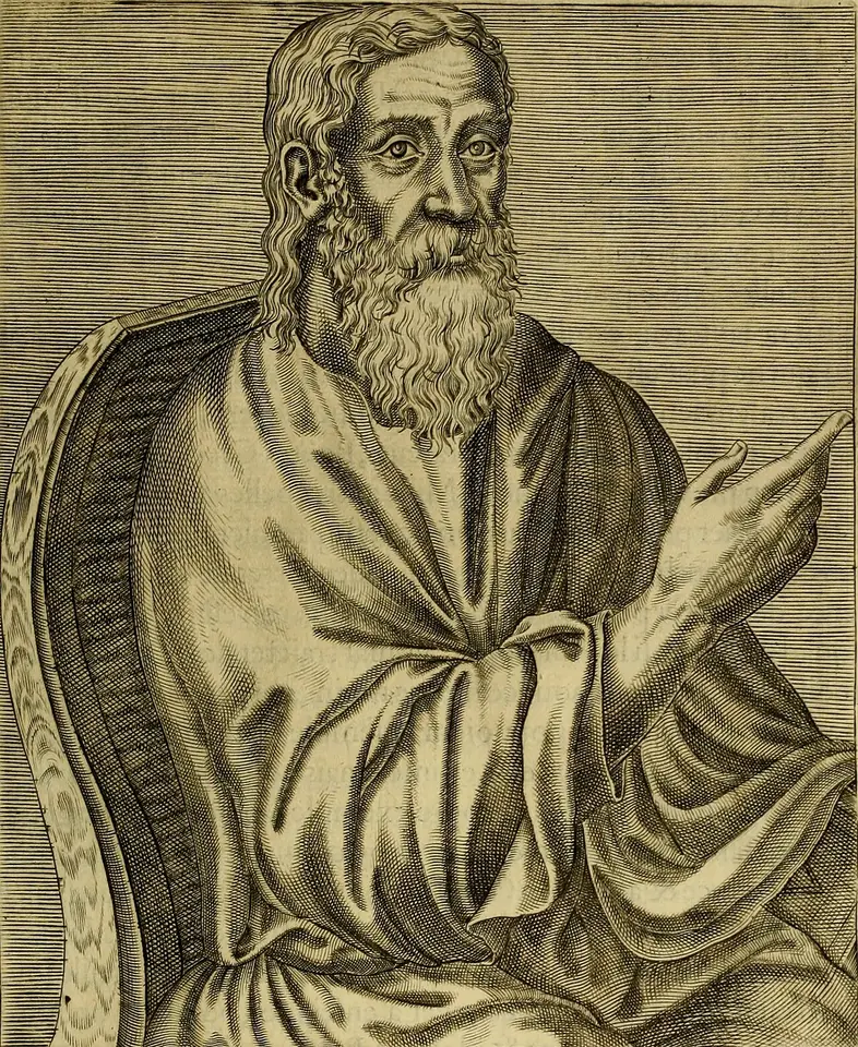 Old engraving of a bearded elderly man in a draped robe seated in a high-backed chair, raising one finger as he speaks