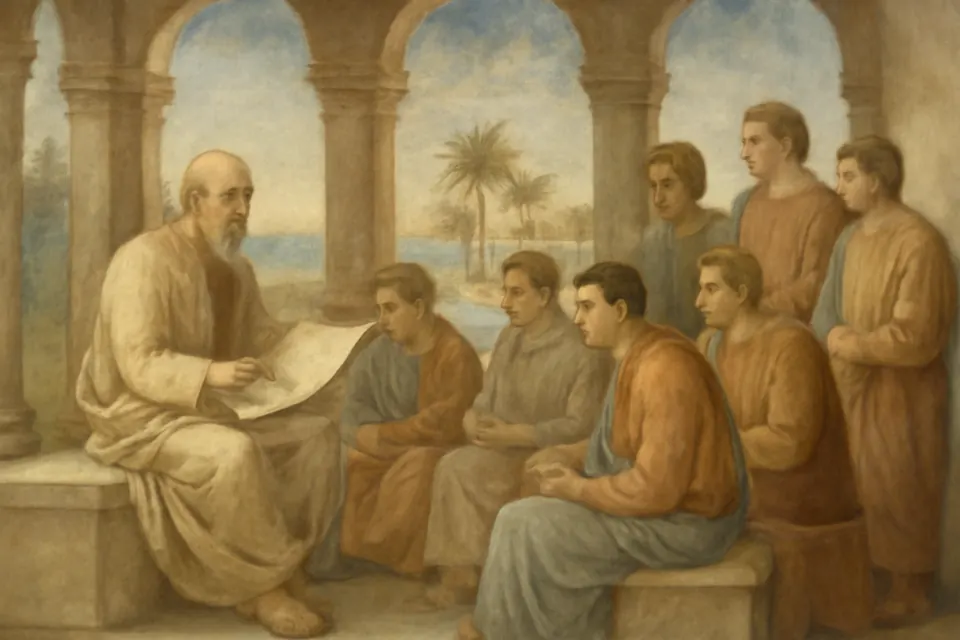 Fresco-style scene of an old teacher seated under a portico in Alexandria, explaining a scroll to a circle of young men, one of them listening intently