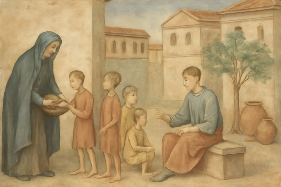 Fresco-style scene of a young man and an older woman feeding and teaching a group of hungry children in a courtyard