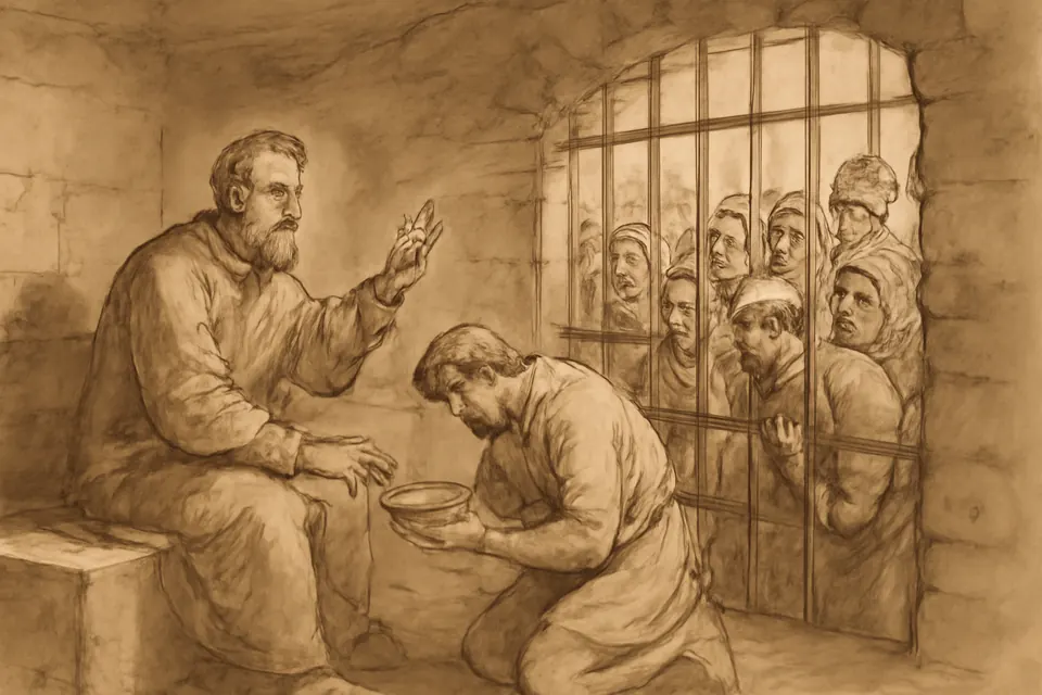 Ink drawing of a bishop in chains in a stone prison cell, blessing a crowd of people who have come to see him through the bars