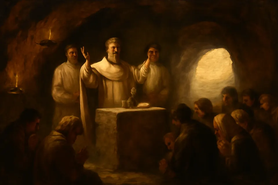 Oil-painting-style scene of a bishop celebrating the Divine Liturgy at a stone altar inside a candlelit cave church, with a small congregation kneeling