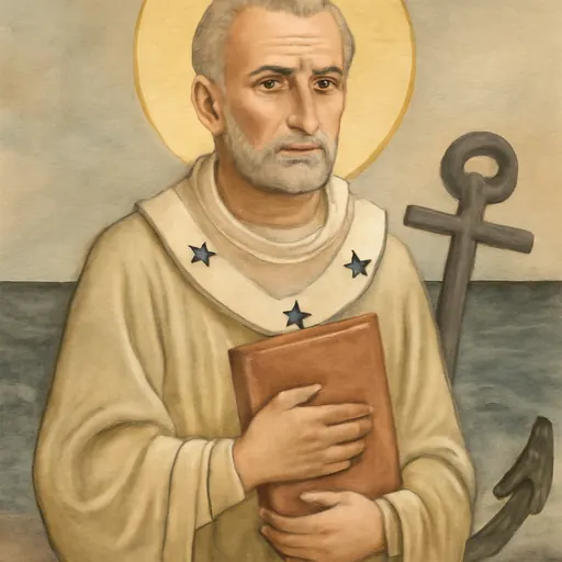 Fresco-style portrait of St. Clement of Rome as an early bishop in a pale chasuble and pallium, holding a book, with a ship's anchor beside him