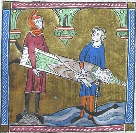 Manuscript miniature of two men lowering the body of a bishop in a white miter into wavy blue water, with an anchor tied to his neck