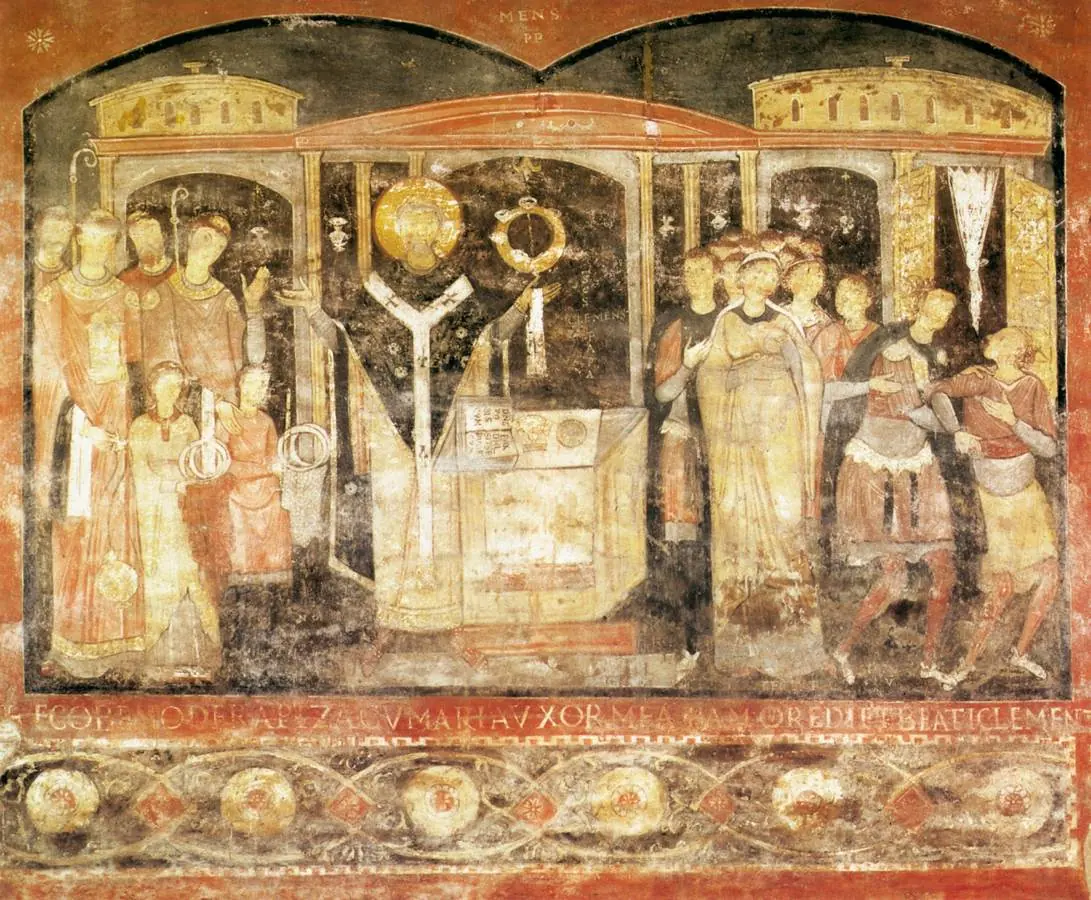 Medieval fresco of a bishop in a white pallium saying Mass at an altar under hanging lamps and a jeweled crown, with clergy on one side and a nobleman and his servants on the other