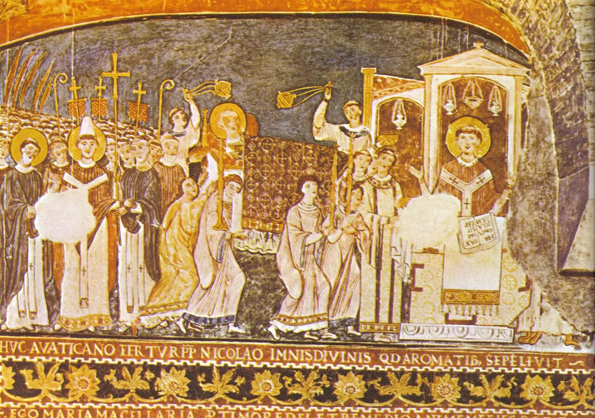 Crowded medieval fresco of a procession of clergy with crosses, censers and candles carrying a body on a bier toward a pope in a pointed white miter