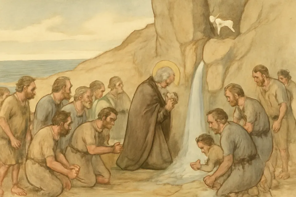 Watercolor-style illustration of Clement among exiled prisoners in a Crimean quarry as water springs from the rock
