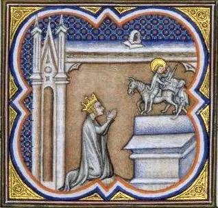 Medieval miniature in a quatrefoil frame of a crowned queen kneeling in prayer before an altar topped by a small statue of St. Martin on horseback