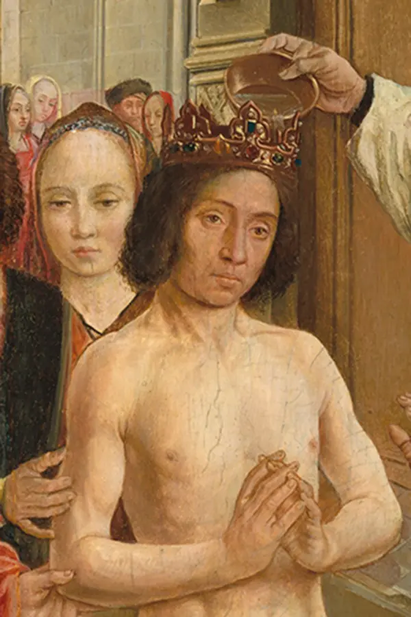 Detail of a Flemish painting of Clotilde in a jeweled headdress and veil, eyes lowered, standing behind the bare-chested crowned king Clovis as water is poured on his head