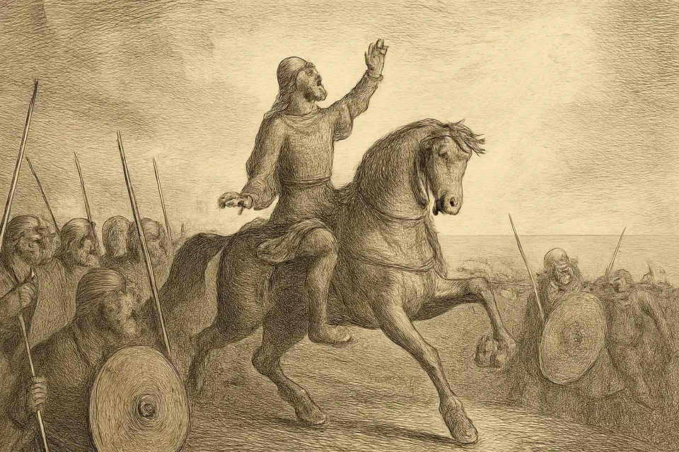 Engraving-style illustration of a long-haired Frankish king on horseback in the middle of a battle, raising his eyes and one hand toward heaven