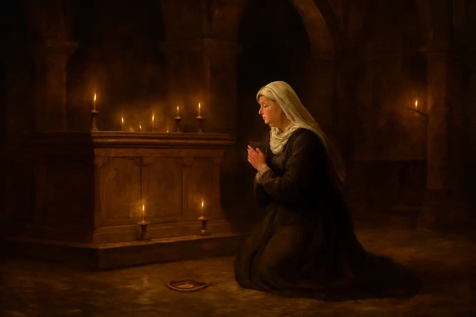Oil-painting-style scene of an older widowed queen in plain dark clothes kneeling alone at night before a candlelit tomb in a church