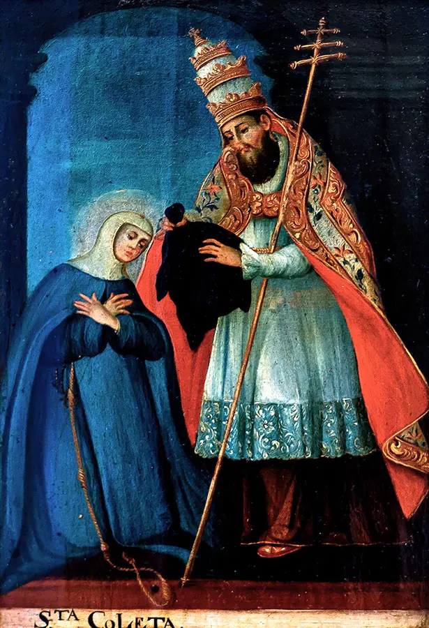 Colonial painting of St. Colette in a blue mantle and white veil kneeling with crossed hands as a pope in a red cope and triple tiara lays a dark habit on her shoulders