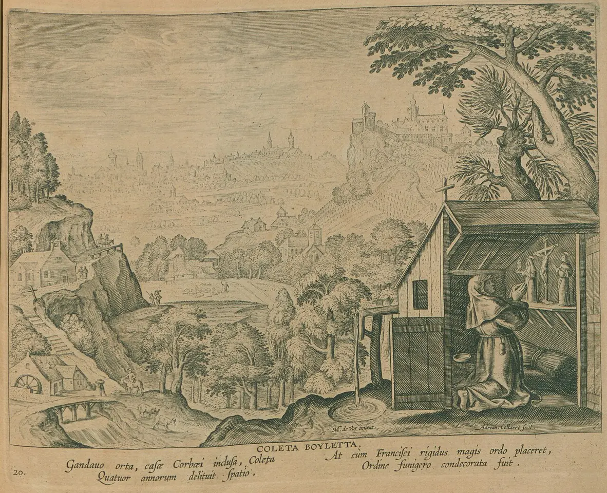 Flemish engraving of St. Colette kneeling in prayer inside a small hermit's hut in a wide landscape, with a walled town on a hill in the distance