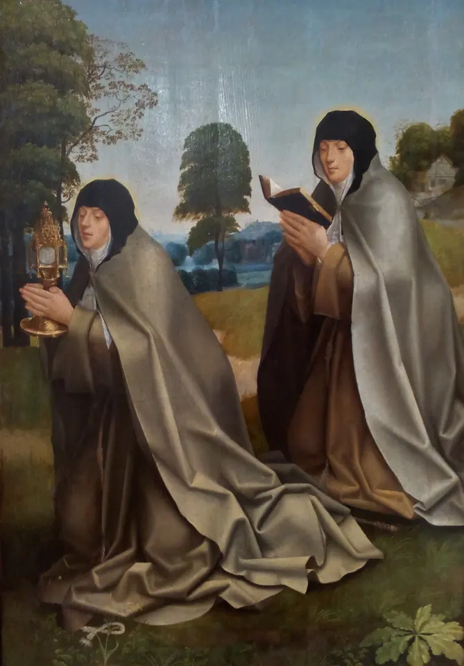Renaissance painting of two kneeling Poor Clare nuns in gray cloaks and black veils in a green landscape, St. Clare holding a monstrance and St. Colette reading a book