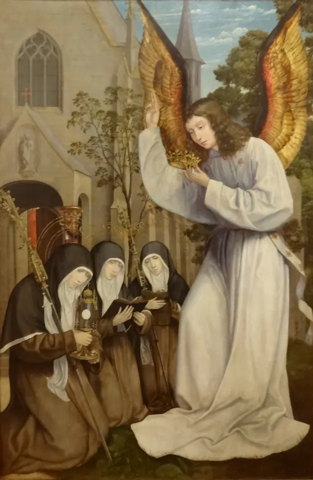 Flemish painting of an angel in white floating toward three kneeling Poor Clare nuns in dark habits, holding a crown over them