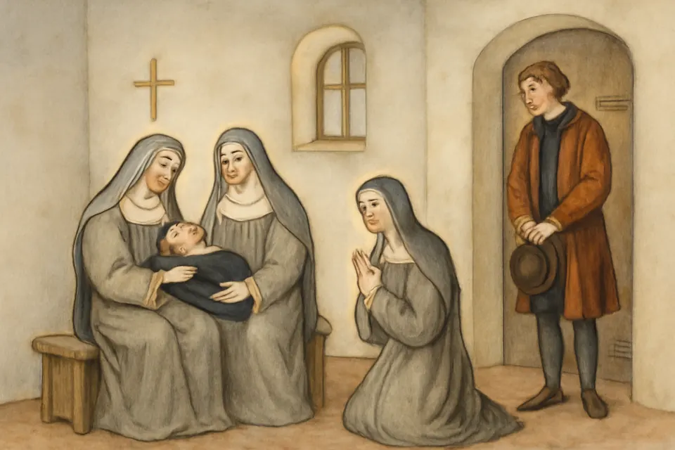 Watercolor-style illustration of Poor Clare nuns holding a newborn wrapped in a black veil while their abbess Colette kneels in prayer