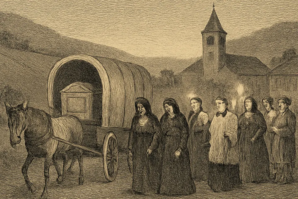 Engraving-style illustration of Poor Clare nuns from Ghent arriving at Poligny in 1783 with the reliquary of St. Colette, welcomed by townspeople