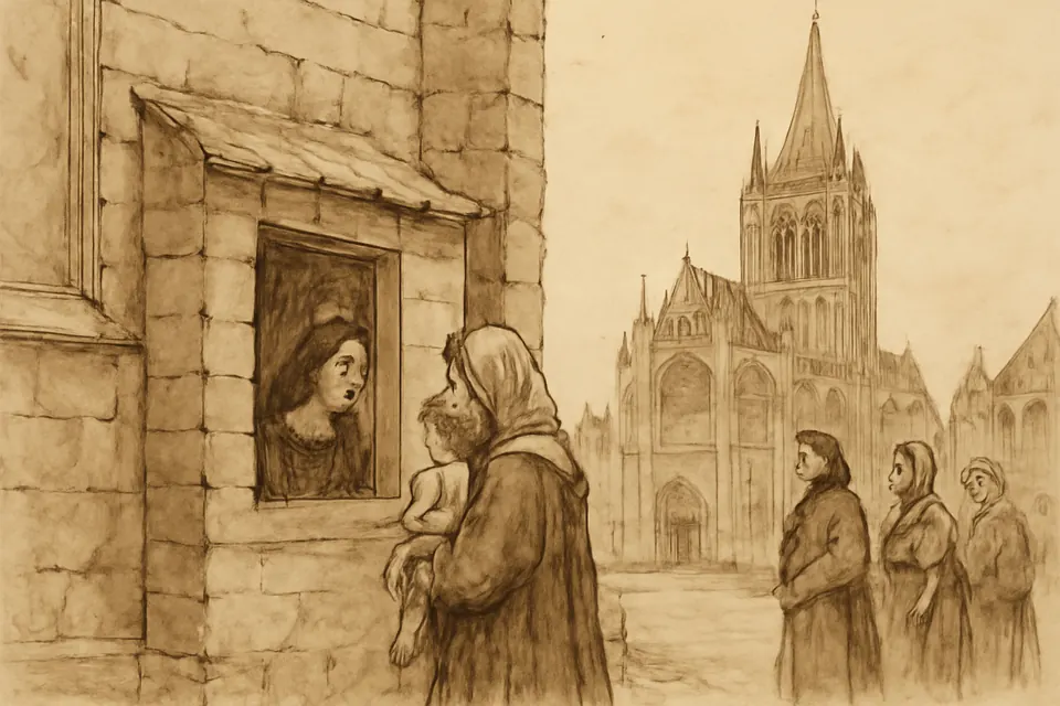 Ink-drawing-style illustration of the young recluse Colette speaking through the small window of her cell beside the church at Corbie to a mother and child
