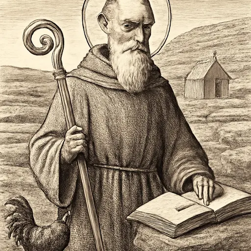 Engraving-style portrait of St. Colman mac Duagh as an elderly Irish bishop-hermit with a white beard, plain robes and a wooden crozier, a rooster at his feet
