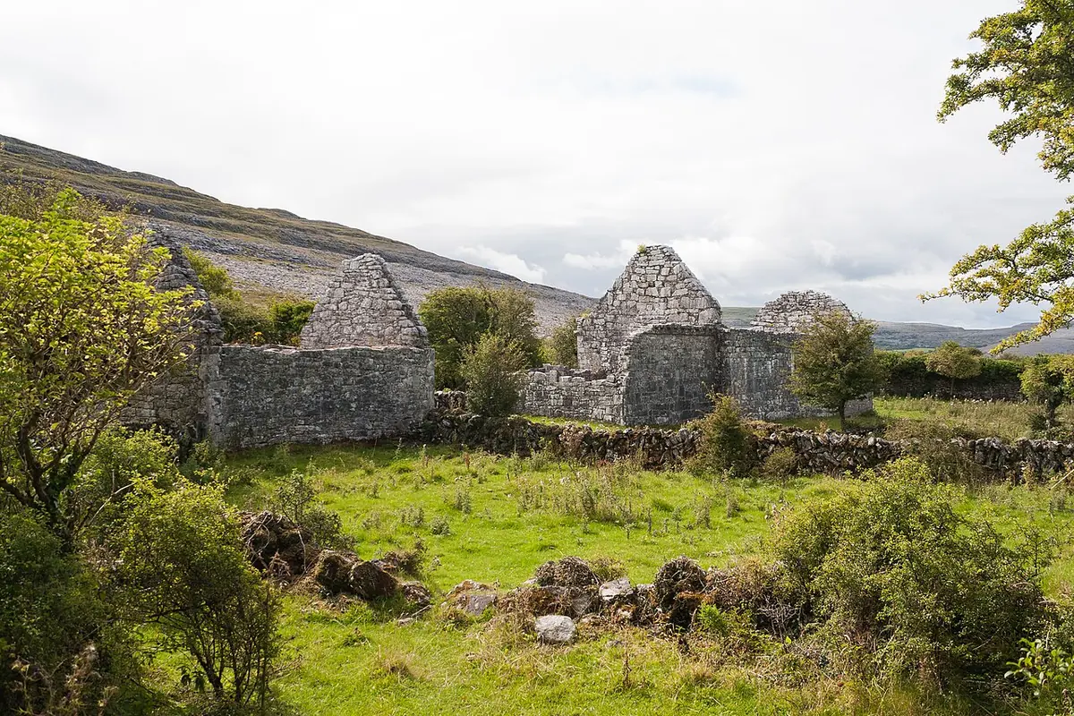 Two small roofless stone churches in a green valley among bushes and limestone boulders, with the bare gray hills of the Burren behind them
