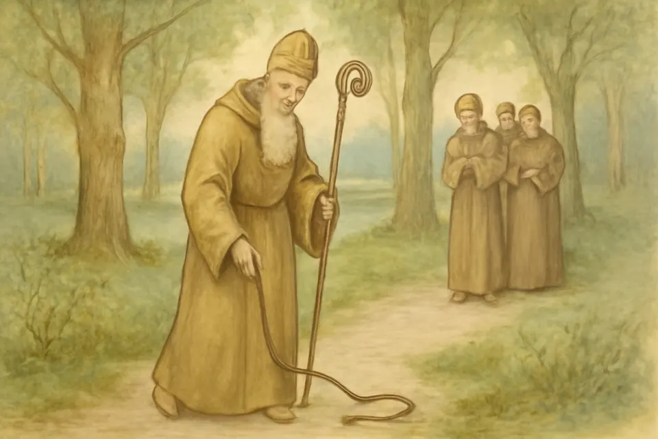 Watercolor scene of an Irish bishop walking through a lowland forest as his belt falls to the ground, his monks pausing behind him