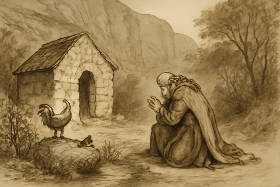 Ink-and-wash scene of an old hermit kneeling in prayer before a small stone oratory in a limestone landscape, a rooster perched nearby and a mouse on a rock
