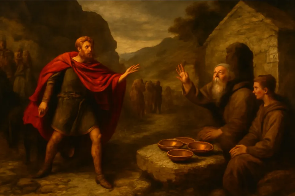 Oil-painting-style scene of a richly dressed Irish king and his horsemen halting on a rocky mountain path, astonished to find a feast laid before a hermit and his young companion