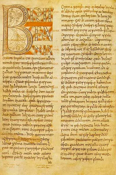 A page of an eighth-century Latin manuscript with a large decorated initial B and two columns of neat brown script