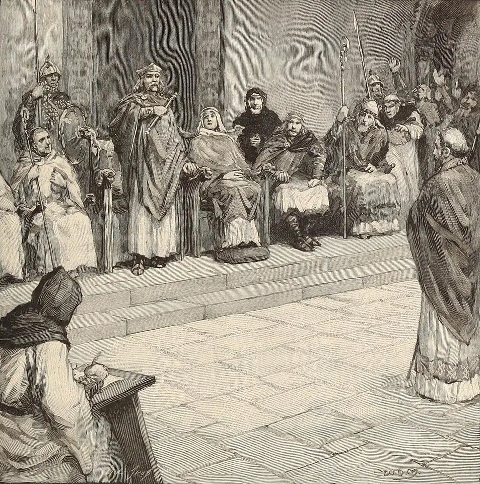 Black-and-white book illustration of a seventh-century council, a king seated on a raised platform among bishops and nobles while a monk in the foreground writes and another cleric speaks