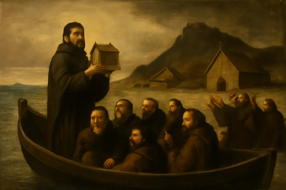 Oil-painting-style scene of an Irish bishop and a band of monks setting out from a low tidal island in a wooden boat, a few monks waving from the shore