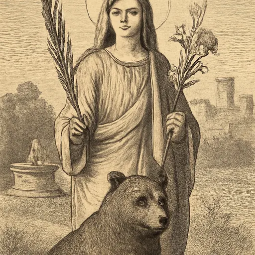 Engraving-style portrait of St. Columba of Sens as a young girl holding a martyr's palm and lilies, with a bear sitting quietly at her feet