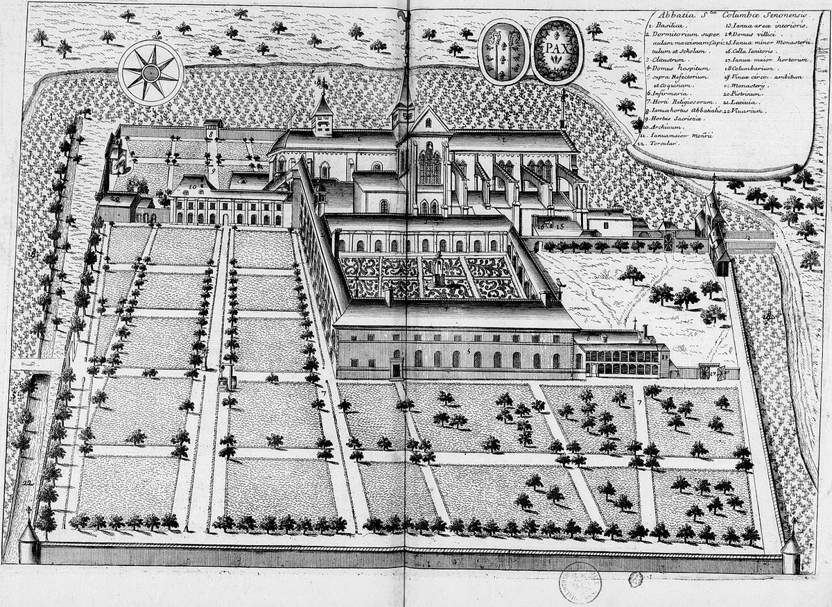 Old bird's-eye engraving of a large walled abbey with a church, cloister, gardens and rows of trees