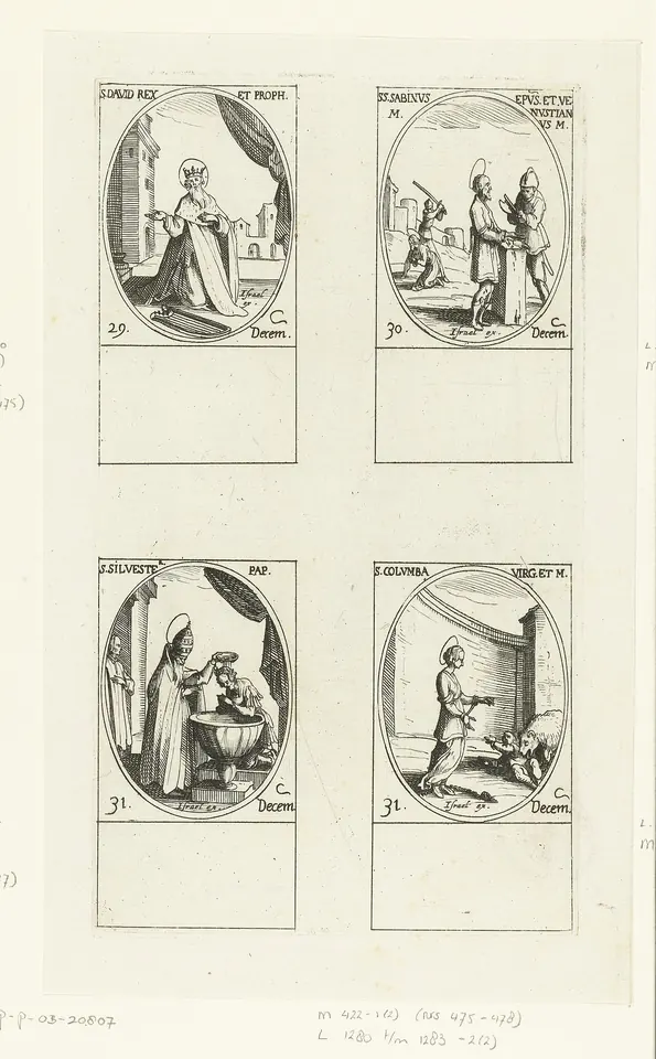 A sheet of four small oval engravings of saints, the last showing a young woman kneeling before a man with a raised sword