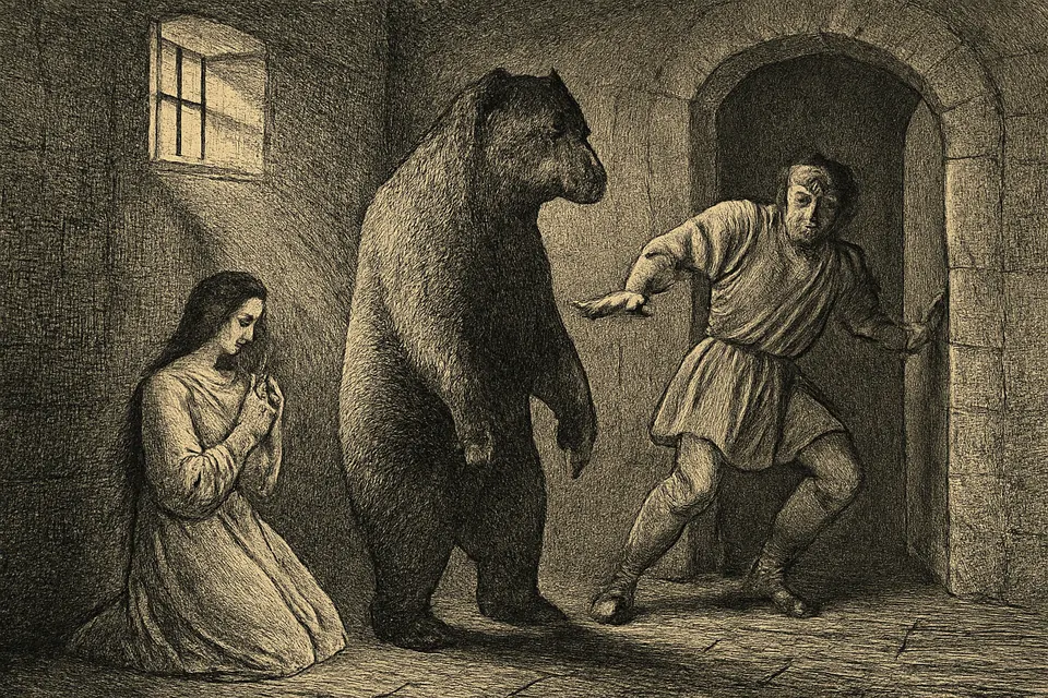 Engraving-style scene of a she-bear standing between the young prisoner Columba and a man backing away in fear inside a Roman cell