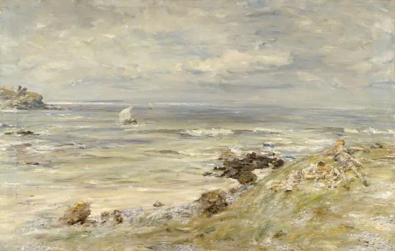 Loose, light oil painting of a wide pale sea with a small sail far out and a grassy rocky shore in the foreground