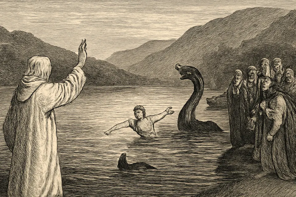Illustration of St. Columba raising his hand and making the sign of the cross to halt a water beast chasing a swimming monk in the River Ness