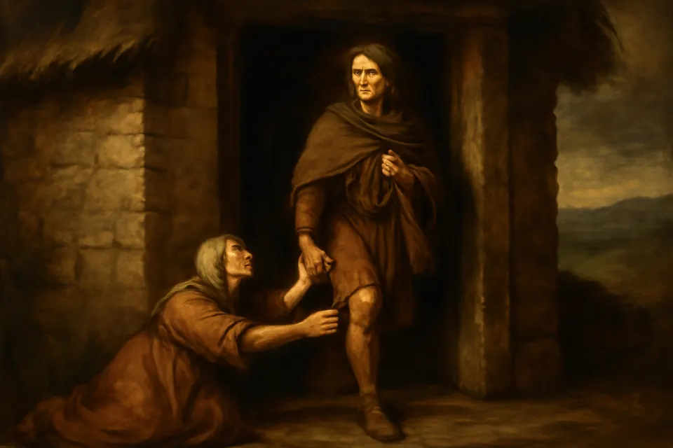 Illustration of the young Columbanus stepping over his weeping mother, who lies across the doorway of their home in Leinster
