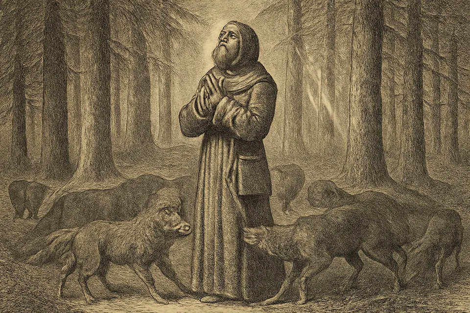 Illustration of Columbanus standing still in a forest as a ring of wolves circles him and tugs at his habit