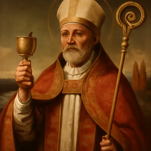 Oil-painting-style portrait of St. Conrad of Constance as a bearded bishop in a red cope and white miter, holding a crozier and a gold chalice