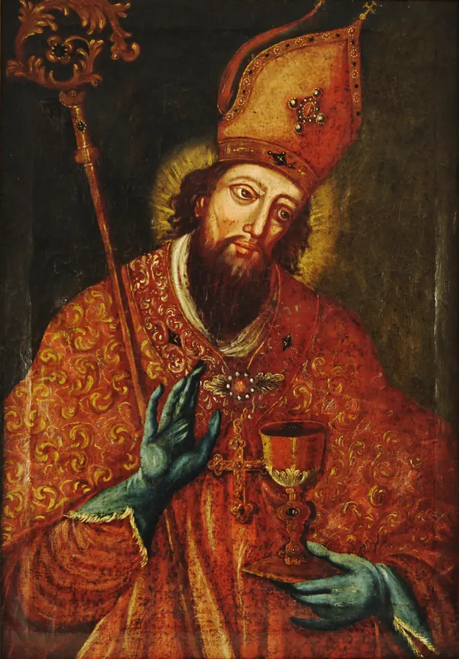 Oil painting of a bearded bishop with a halo, in a red and gold cope and red miter, blessing with one gloved hand and holding a chalice in the other