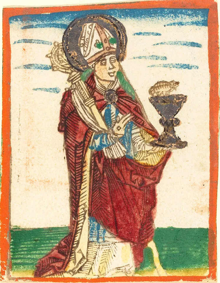 Hand-colored woodcut of a bishop in a red cope and miter holding a crozier and a gold chalice with a small creature on its rim