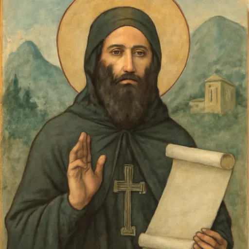 Fresco-style portrait of St. Constantine of Synnada as a Byzantine monk with a dark beard and black monastic habit, a faint cross marked on his forehead, holding a scroll