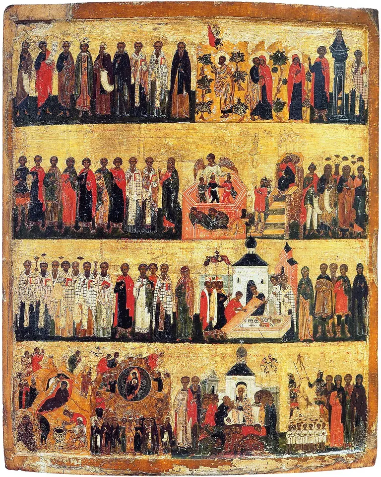 A Russian icon divided into four rows of small figures of saints in colorful robes, with feast scenes, on a gold ground