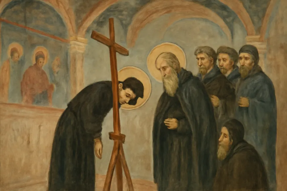 Fresco-style scene of a young monk in a Byzantine church bending to kiss the foot of a large wooden cross, which leans down to rest on his head, while an abbot and monks watch