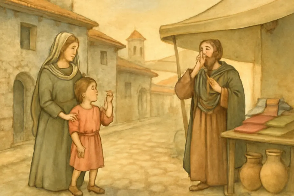 Watercolor scene of a young boy in a Byzantine market street watching a traveling merchant make the sign of the cross over his mouth, and copying him