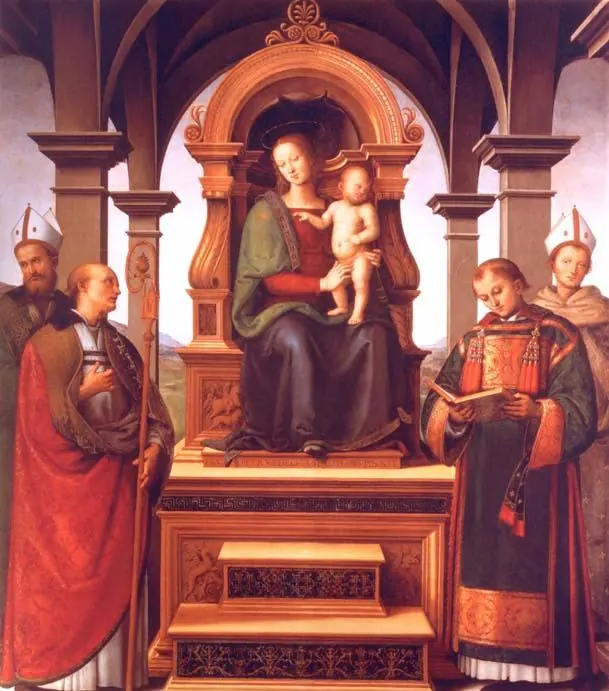 The Virgin enthroned with the Christ Child in an arched loggia, with two saints in deacon's and bishop's vestments on each side