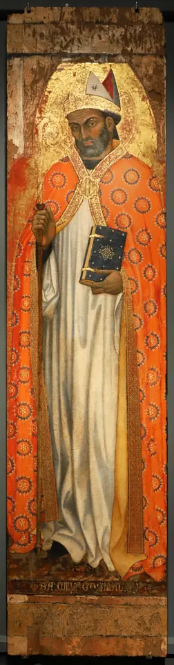 A tall gold-ground panel of a bishop with a halo and miter in a white robe and patterned orange cope, holding a book and a crosier
