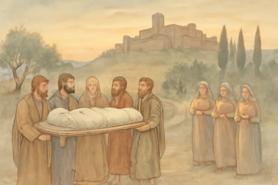 Watercolor-style scene of early Christians carrying a shrouded body on a bier along a road below a walled Umbrian hill town at dawn